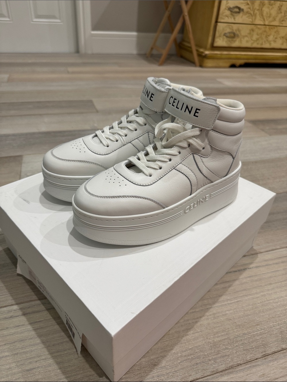 Celine: Brand New — White High-Top Platform Sneakers with Dust Bags Size 39